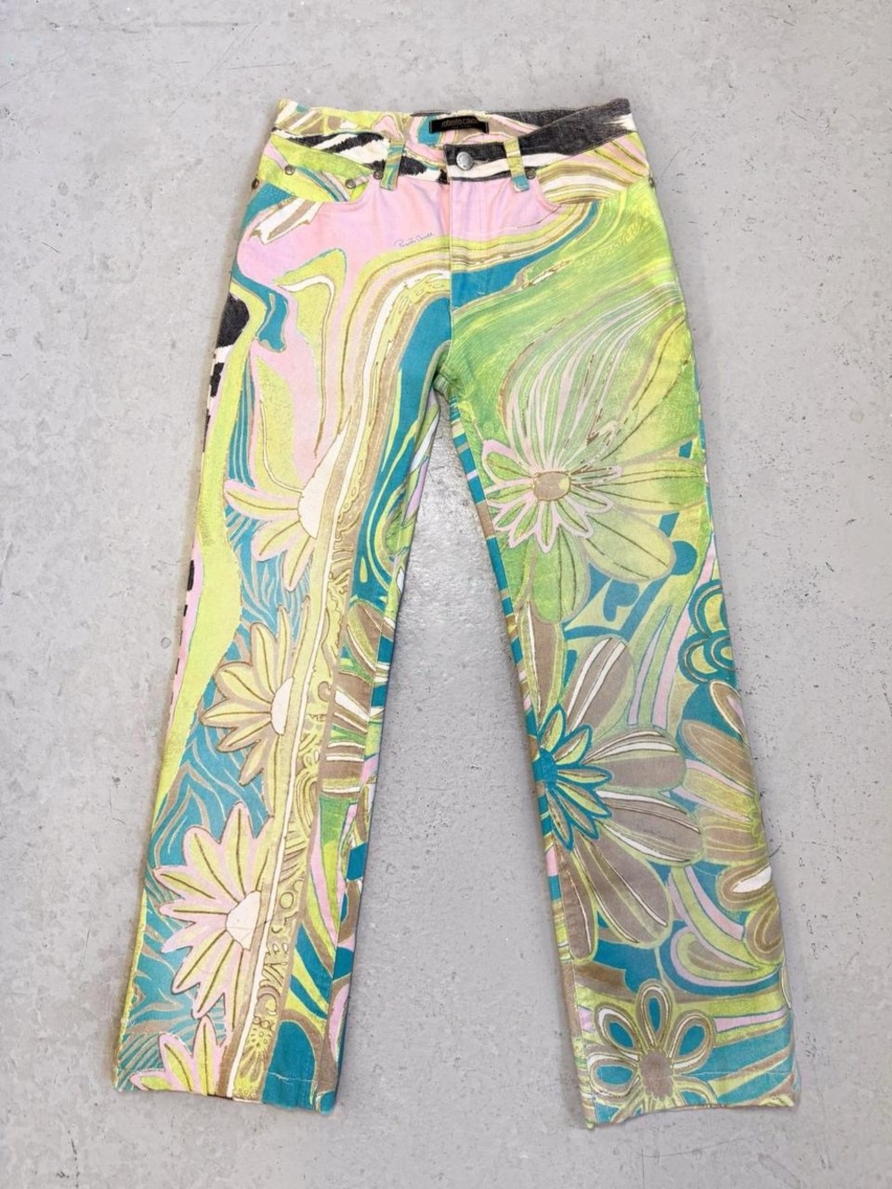 Roberto Cavalli Floral Swirl Print Jeans in Pastel Pink, Green, Blue